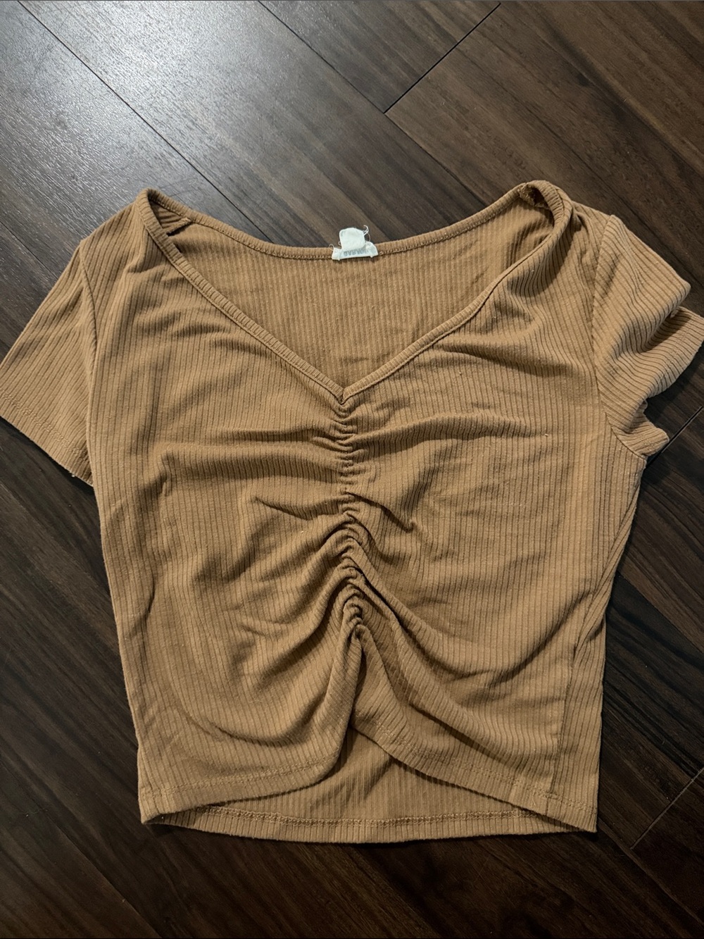 Garage Ribbed Ruched V‑Neck Crop Top - Brown